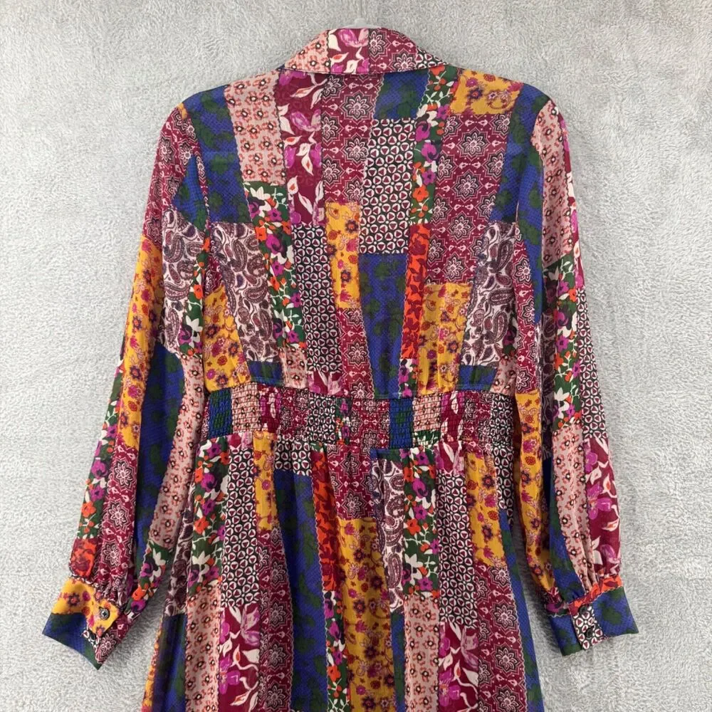 GILI Top Womens XXS Red Blue Patchwork Boho Sheer Button Up Midi Length Slit - Picture 8 of 16
